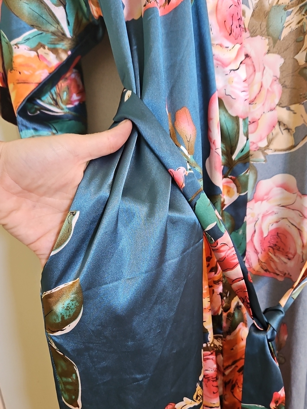 Floral Satin Long Robe in Teal Blue - Picture 3 of 3